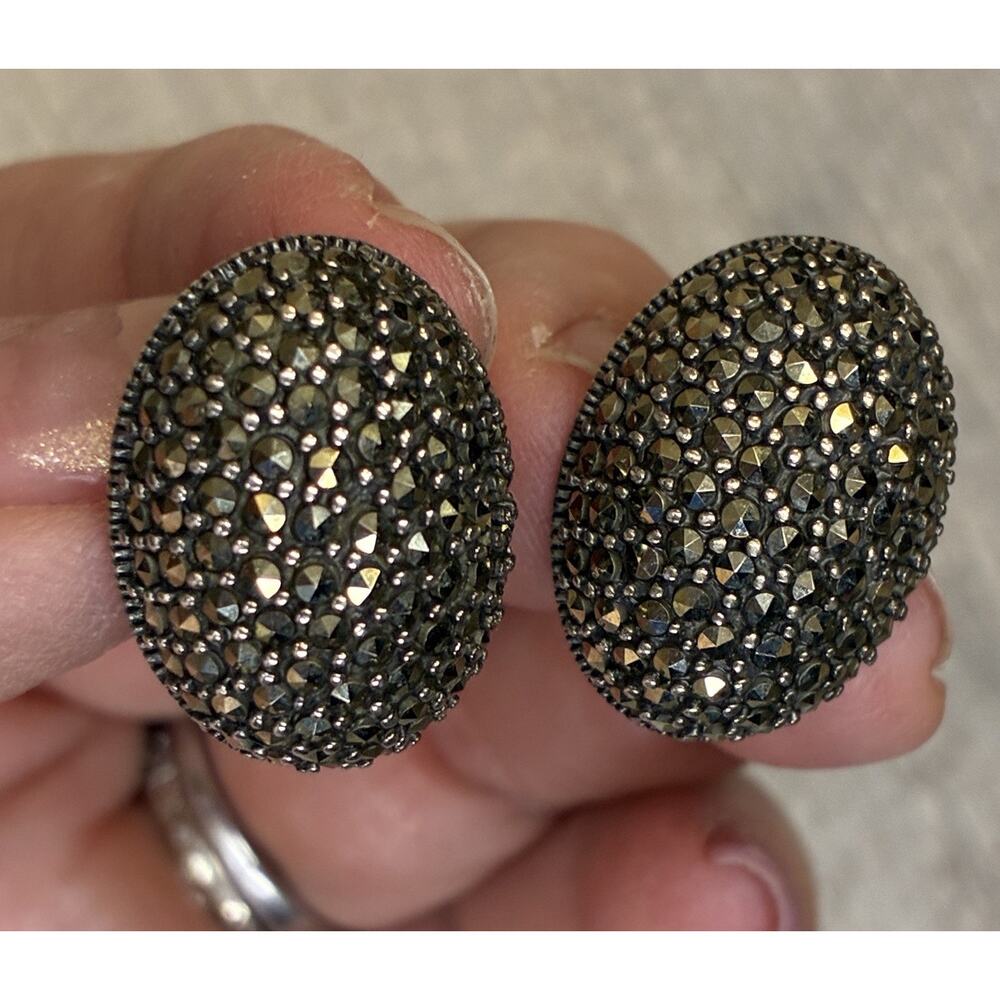 Vintage Sterling Silver Marcasite Domed Oval Clip On Earrings
